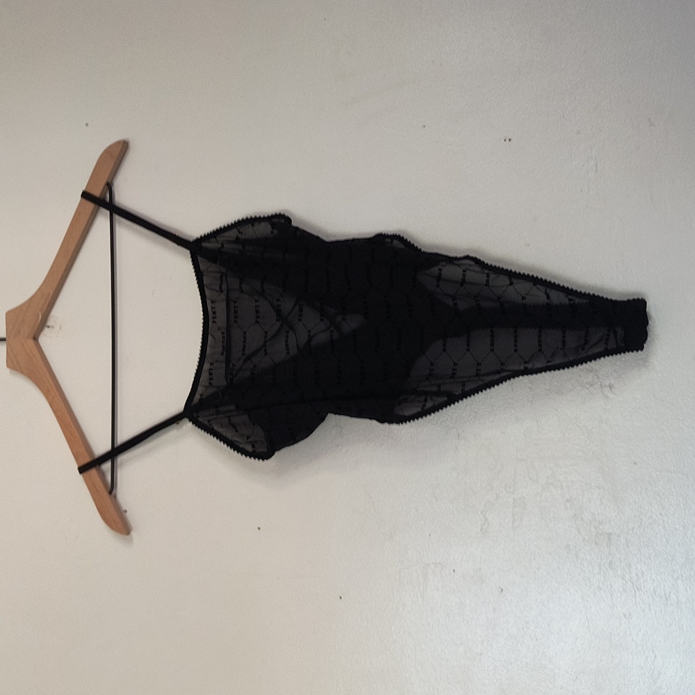 Savage X Fenty Flocked Logo Teddy Sheer Black Bodysuit Teddy Sz Med Women - Picture 10 of 12